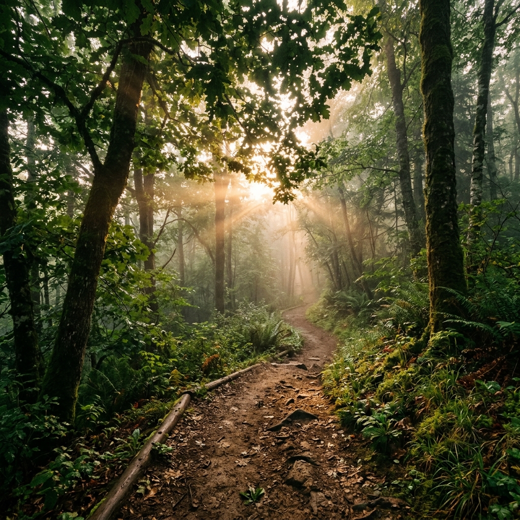 Misty forest trail at sunrise